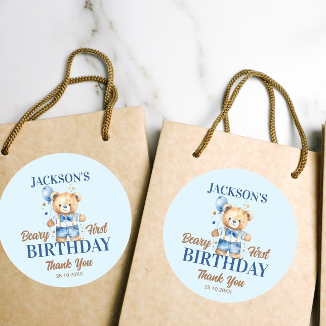 Adesivo Beary First boys aniversário bonitinho ursinho fav (Teddy bear beary first birthday blue favo thank you stickers cute watercolor teddy bear blue balloon)