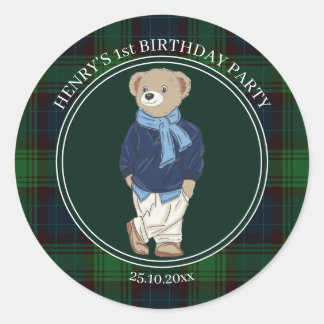 Adesivo Beary first teddy bear green plaid birthday favor