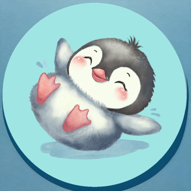 Adesivo Bebê Adorável Pinguim Gelado, Crianças De Aquarela (Adorable baby penguin sticker in watercolor style on aqua blue. Cute Winter animal for baby's party.)