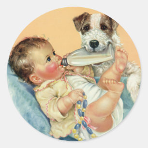 Adesivo Bebé bonito do vintage com o cão da garrafa e de