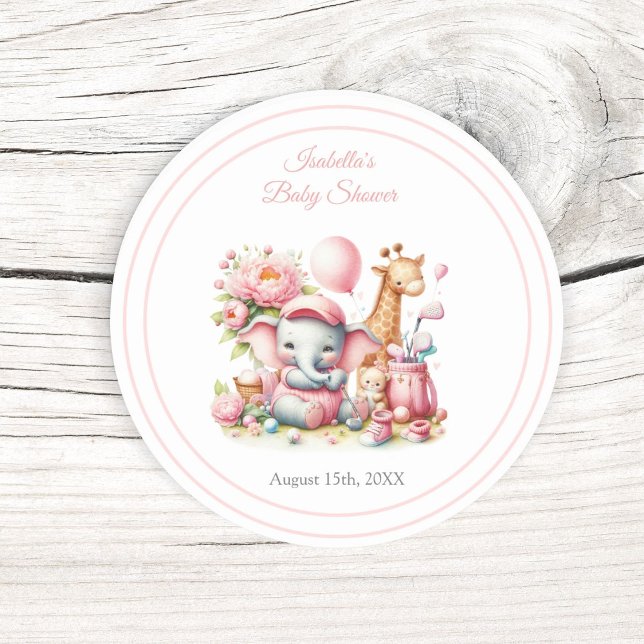 Adesivo Bebê Elefante e Girafa Rosa para Chá de Bebê de Go (Add this sticker to your invitations, envelopes, favor bags! )