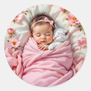 Adesivo Bebê Floral Rosa e Gatinho Branco