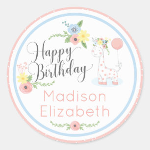 Adesivo Bebê Girafa Floral Cor-de-Rosa Feliz Festa de 1º A