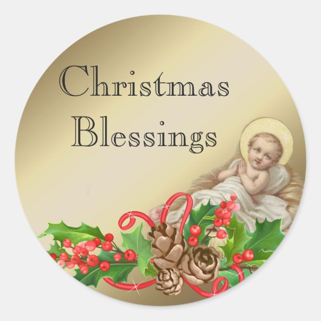 Adesivo Bebê Jesus em Manger Bênçãos de Natal Floral (Frente)