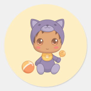Adesivo Bebê Menina Roxo Boneco Fato De Gato Amarelo