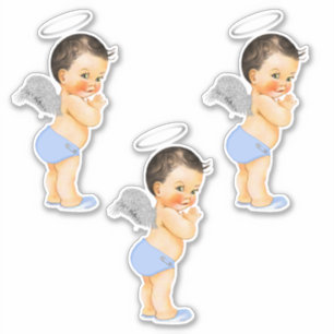 Adesivo Bebê Menino Anjo Pequeno Asas Prateadas Azul Claro