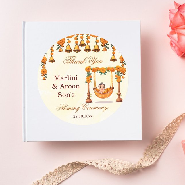 Adesivo Bebê Naming Cradle Indian Ceremony favor (Baby naming cradle namkaran ceremony favor gift thank you stickers cute baby marigold cradle sticker)