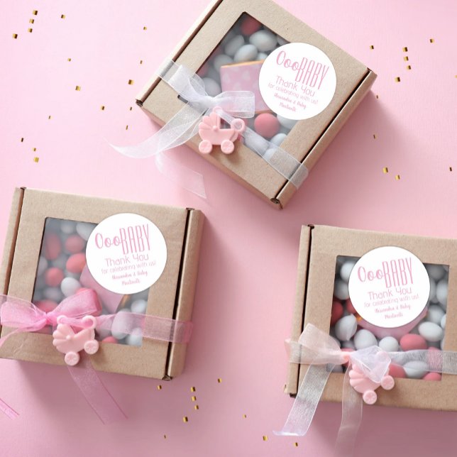 Adesivo Bebê Rosa Obrigado Chá de fraldas Clássico Ronda (Pink Ooo Baby Thank You 
Customized Stickers for Baby Shower Favors)