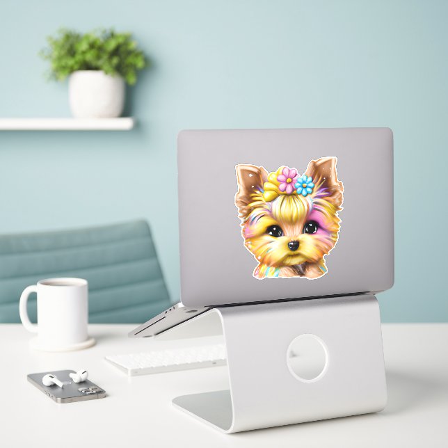 Adesivo Bebê-Yorkie bonito e adorável (Laptop na mesa)