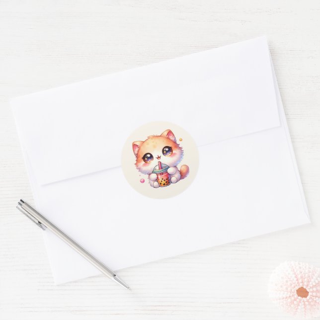 Adesivo Bebendo de gato Boba Cute Bubble Tea (Envelope)