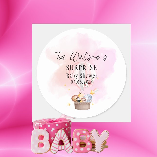 Adesivo Bebês Safari No Balão De Ar Quente Rosa (Criador carregado)