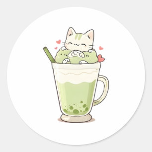 Adesivo Bebida de Matcha com Boba de Gato Fofo Design Kawa