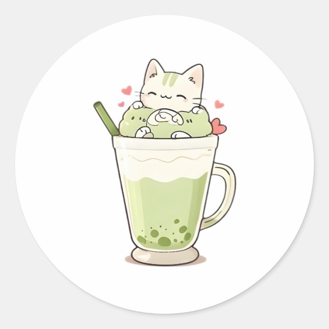 Adesivo Bebida de Matcha com Boba de Gato Fofo Design Kawa (Frente)