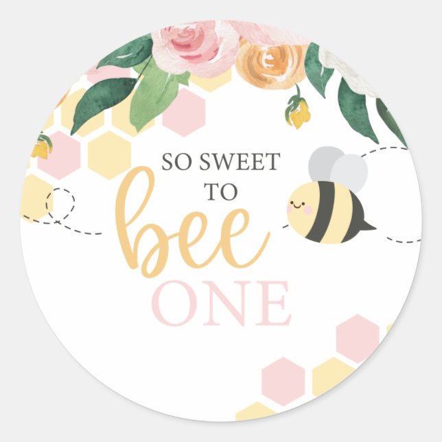 Adesivo Bee Day Bumblebee primeiro aniversario rosa floral (Frente)