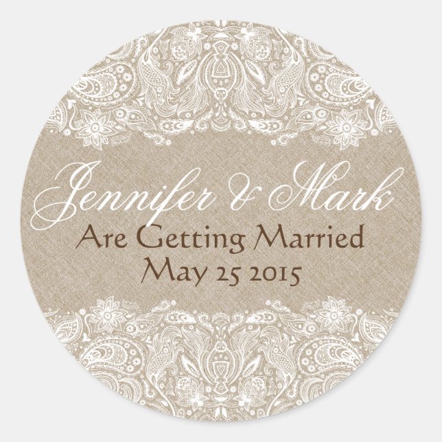 Adesivo Beige Faux Linen Burlap & White Paisley Lace (Frente)