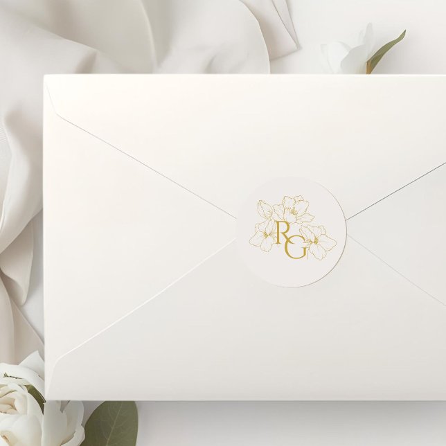 Adesivo Beige Ivory | Floral Faux Gold Monogram Wedding  (Criador carregado)