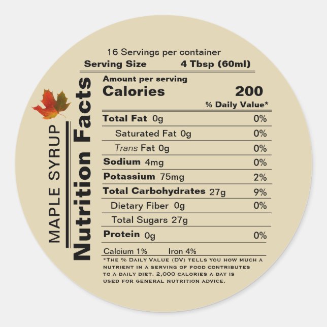 Adesivo Beige Maple Syrup Nutrition Facts with Maple Leaf (Frente)
