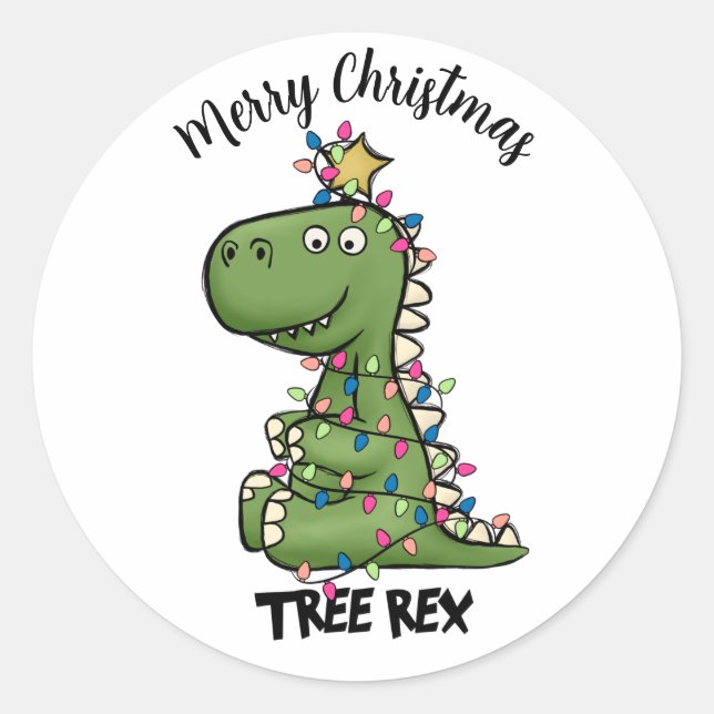 Adesivo Bela árvore verde Rex Dino Luzes Feliz Natal (Frente)