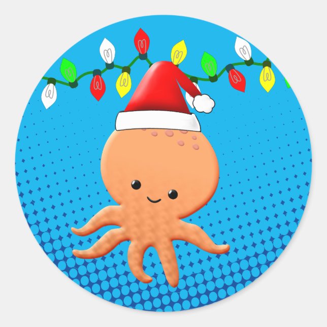 Adesivo Bela caricatura Octopus Santa Hat Luzes de Natal (Frente)