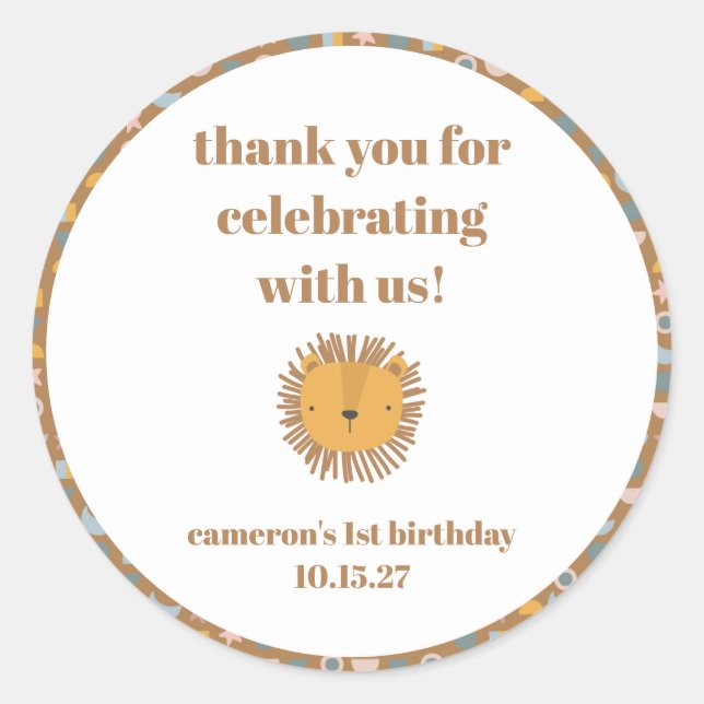 Adesivo Bela Leão, Bebê Costumado Aniversário Obrigado (Frente)