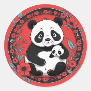 Adesivo Bela Panda segurando bebê com flores vermelhas