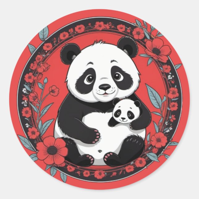 Adesivo Bela Panda segurando bebê com flores vermelhas (Frente)