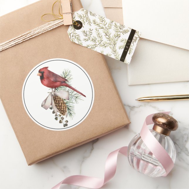 Adesivo Belo Cardeal de Natal Vermelho com Pine Cone (Presentear)