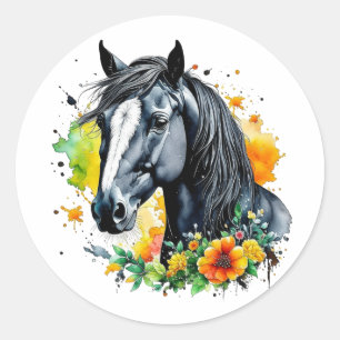 Adesivo Belo Cavalo Negro Cercado por Flores Amarelas