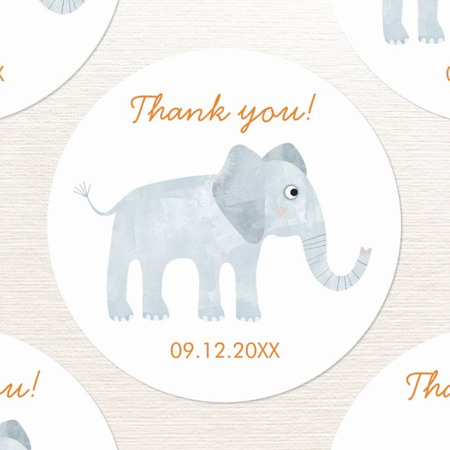 Adesivo Belo Elefante De Bebê Obrigado Data (Cute baby elephant watercolor thank you sticker with date and custom text)