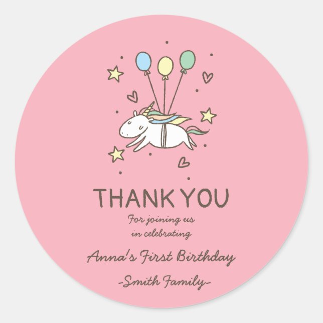 Adesivo Belo Unicórnio em Laurels. Aniversário. Obrigado. (Frente)