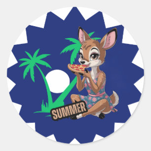 Adesivo belo veado comendo pizza nas férias de verão