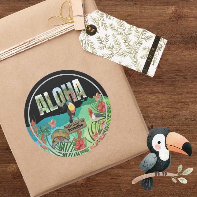 Adesivo Bem-vindo ao Paraíso Tropical Aloha (Welcome to Aloha tropical Paradise Classic Round Sticker )