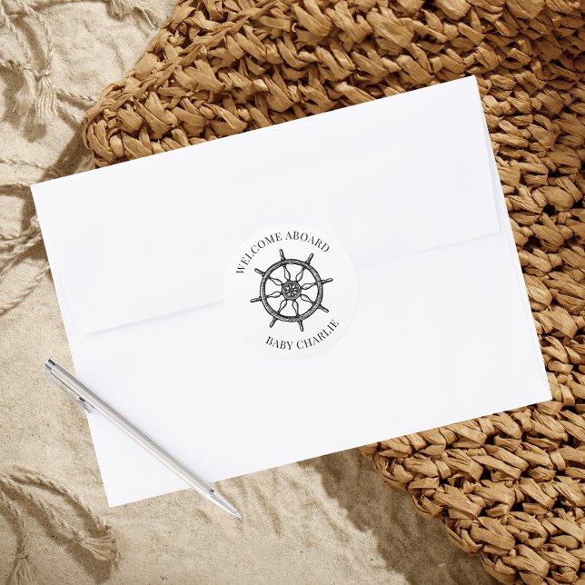 Adesivo Bem-vindos, vedação do envelope com a roda (Welcome Aboard Baby Announcement Envelope Seal with ship wheel hand drawing)