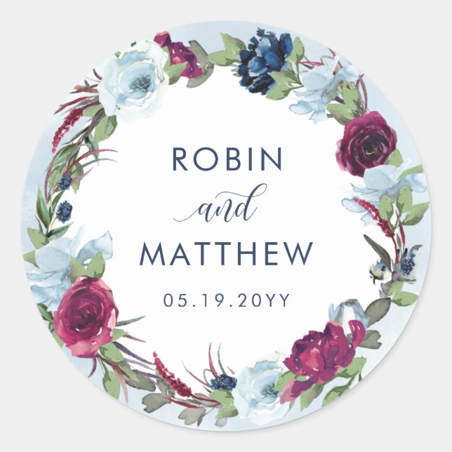 Adesivo Berry, Blue Burgundy Floral Favor/ Envelope Seal (Frente)