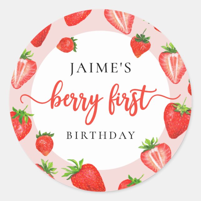 Adesivo Berry First Birthday Strawberry Girl primeiro aniv (Frente)