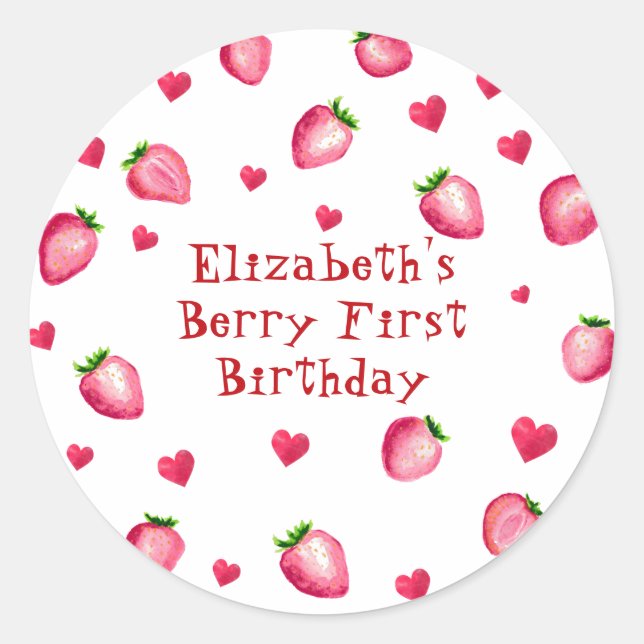 Adesivo Berry First Birthday Strawberry Party Hearts (Frente)
