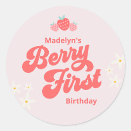 Adesivo Berry First Birthday Strawberry Pink Round Clássic