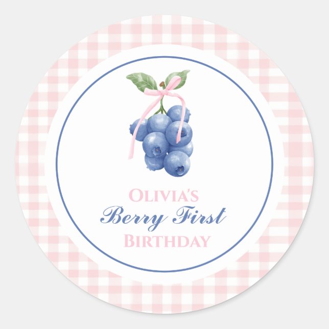 Adesivo Berry First blueberry aniversário Pink Arco Gingha (Frente)