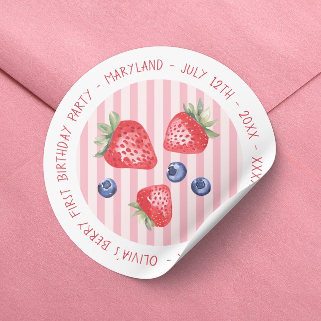 Adesivo Berry First Strawberry Girl primeiro aniversario P (Strawberries Baby Girl Berry First 1st Birthday Party Classic Round Sticker)