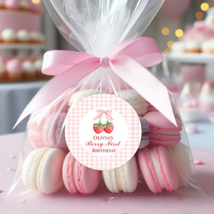 Adesivo Berry primeiro aniversário de morango Laço Rosa Gi