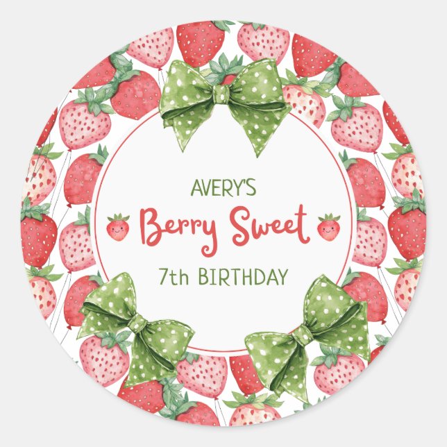 Adesivo Berry Sweet 7th Birthday Strawberry Party  (Frente)