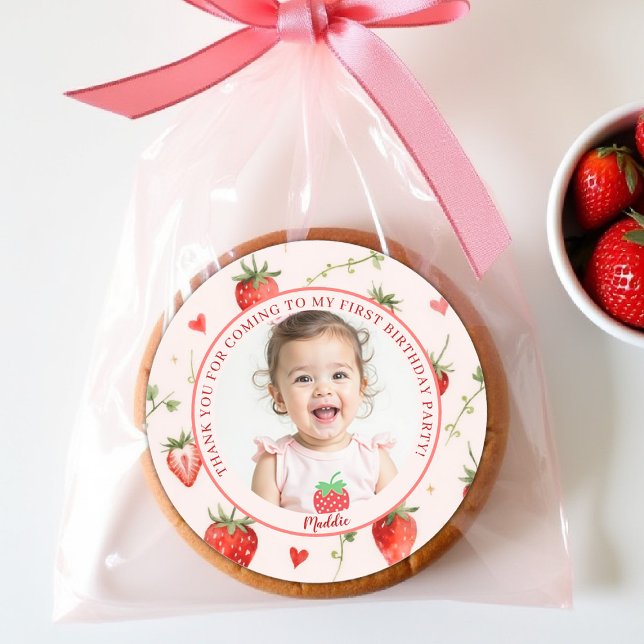 Adesivo Berry Sweet Strawberry Farmhouse Chic 1st Birthday (berry first birthday party favor thank you sticker girls strawberry 1st watercolor summer farmhouse )