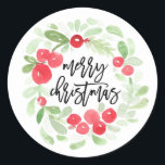 Adesivo Berry Wreath Felry Christmas Watercolor Script<br><div class="desc">Berry Wreath Feliz Natal Watercolor Stickers que lê "Feliz Natal" numa letra com letra na moda. Apresentando a camada de aquarela exclusiva da NB Paper Co. Utilizar como selo</div>