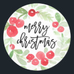 Adesivo Berry Wreath Merry Christmas Watercolor<br><div class="desc">Berry Wreath Merry Christmas Watercolor</div>