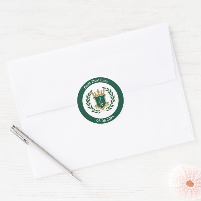 Adesivo Best Day Ever Wedding Monogram Green Gold Crest (Envelope)