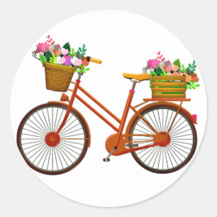Adesivo Bicicleta Laranja Com Cesta De Flores - Vinheta