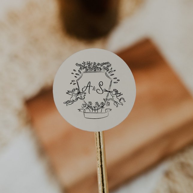 Adesivo Bige de Casamento do Monograma com Desenho de Mão (beige wedding round sticker, cream, sand wedding circle envelope sticker, hand drawn crest monogram)