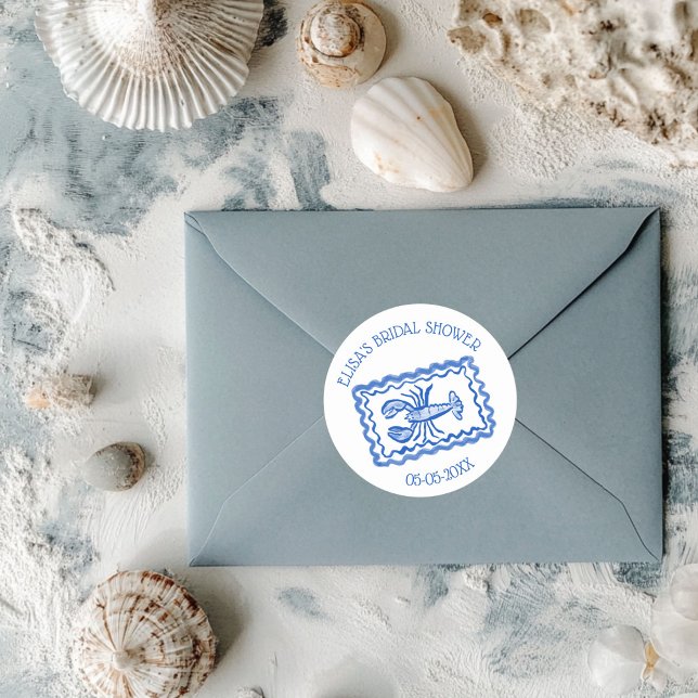 Adesivo Bilhetes de Amor de Lagosta do Mar Personalizado C (LoveNotes from Sea Cute Hand Drawn Lobster CUSTOM Bridal Shower Classic Round Sticker
)