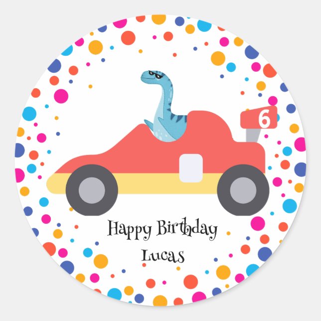 Adesivo Birthday Dinosaur Race car Garoto de Corrida Verme (Frente)