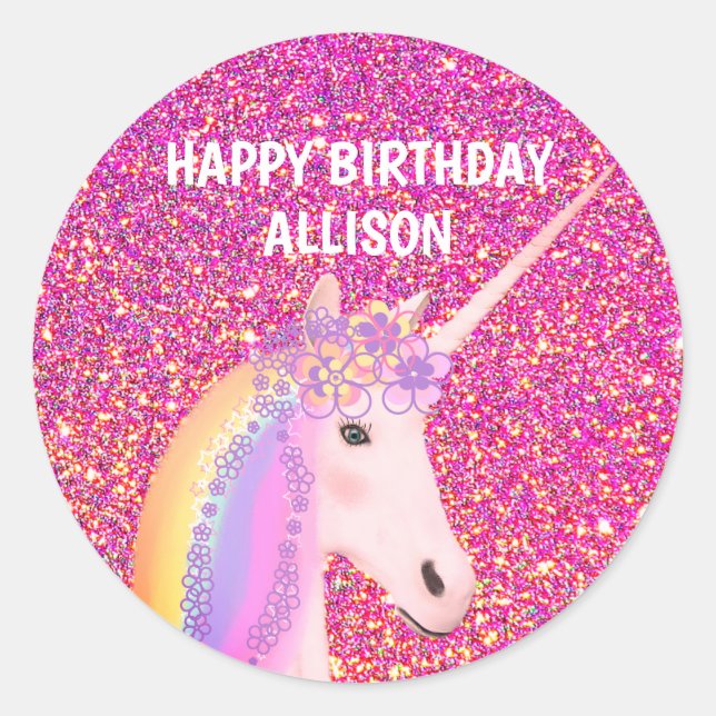Adesivo Birthday Unicorn Pink Glitter Glam Personalizado (Frente)